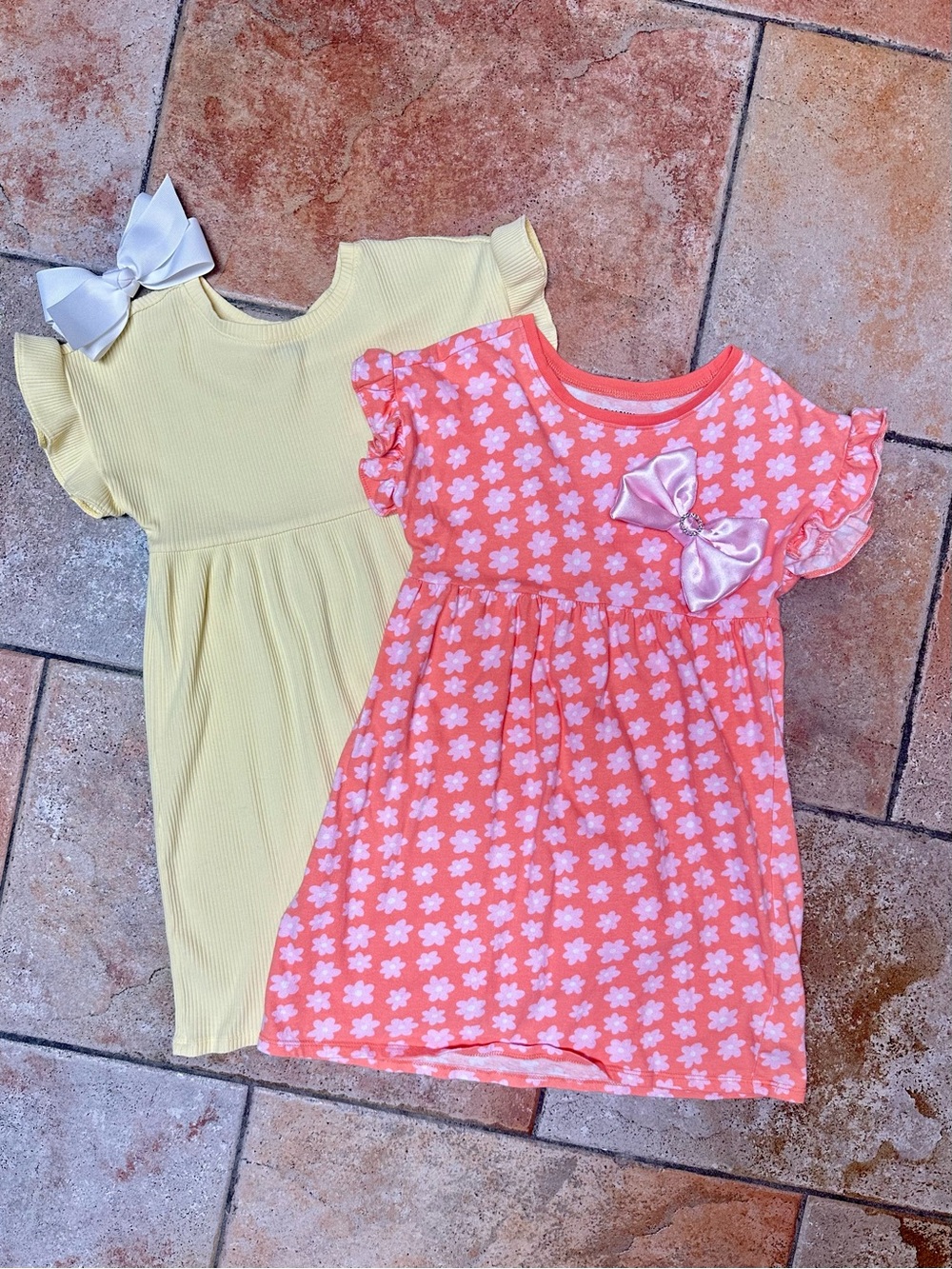 Flutter-Sleeve Dress Set in Yellow and Coral Floral with matching hair clips.